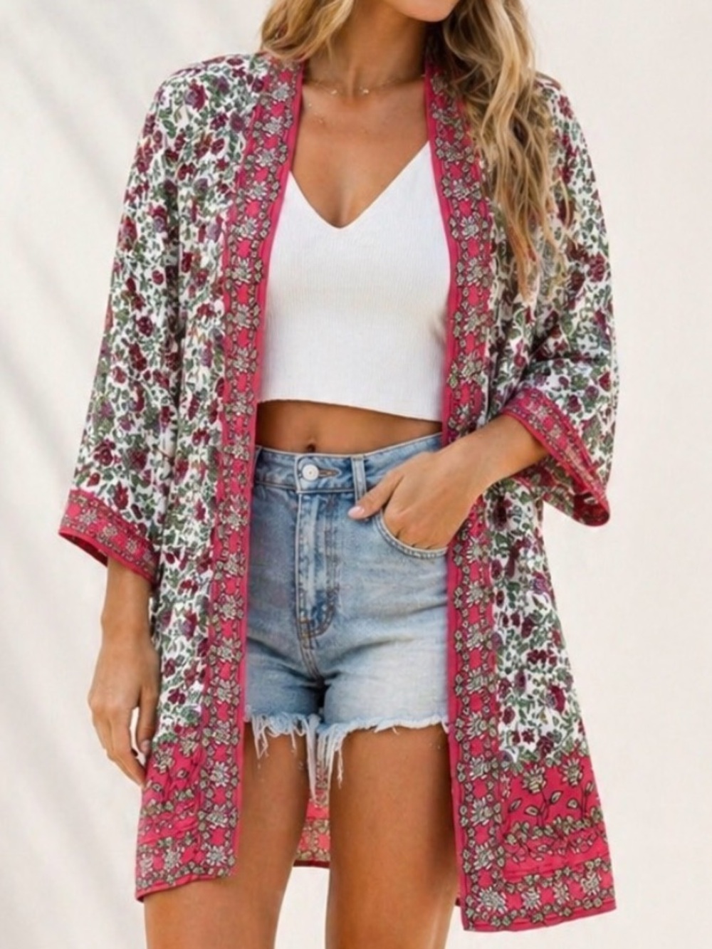 Max Studio Floral Kimono Beach Coverup Cardigan Boho White Green Coral One Size